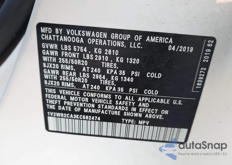 2019 Volkswagen Atlas 3.6L V6 Se W/Technology from USA, damaged, VIN 1V2WR2CA3KC562474